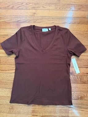 Cyrus Short-Sleeve Ribbed V-Neck Tee in Chocolate Brown